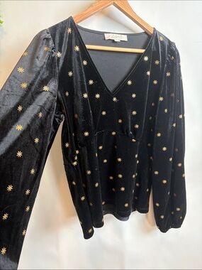 LOFT Black Velvet V-Neck Top with Gold Star Motif